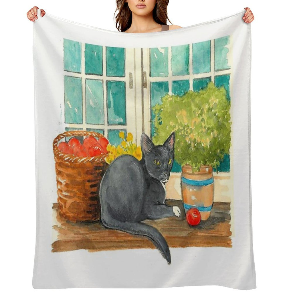 Black Cat on A Sunny Windowsill – Cozy Cottage Illustration Plush Throw Blanket