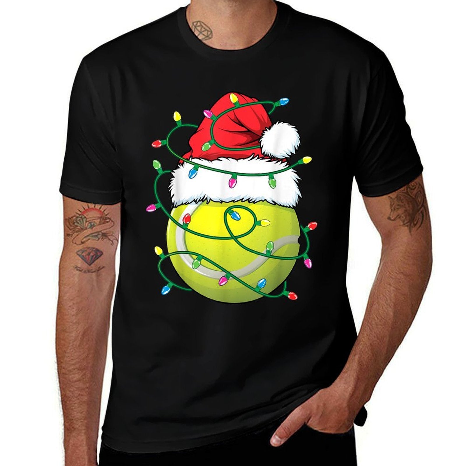 Funny Christmas Tennis Ball Santa Hat Xmas Lights Womens  Polyester Blend T-Shirt