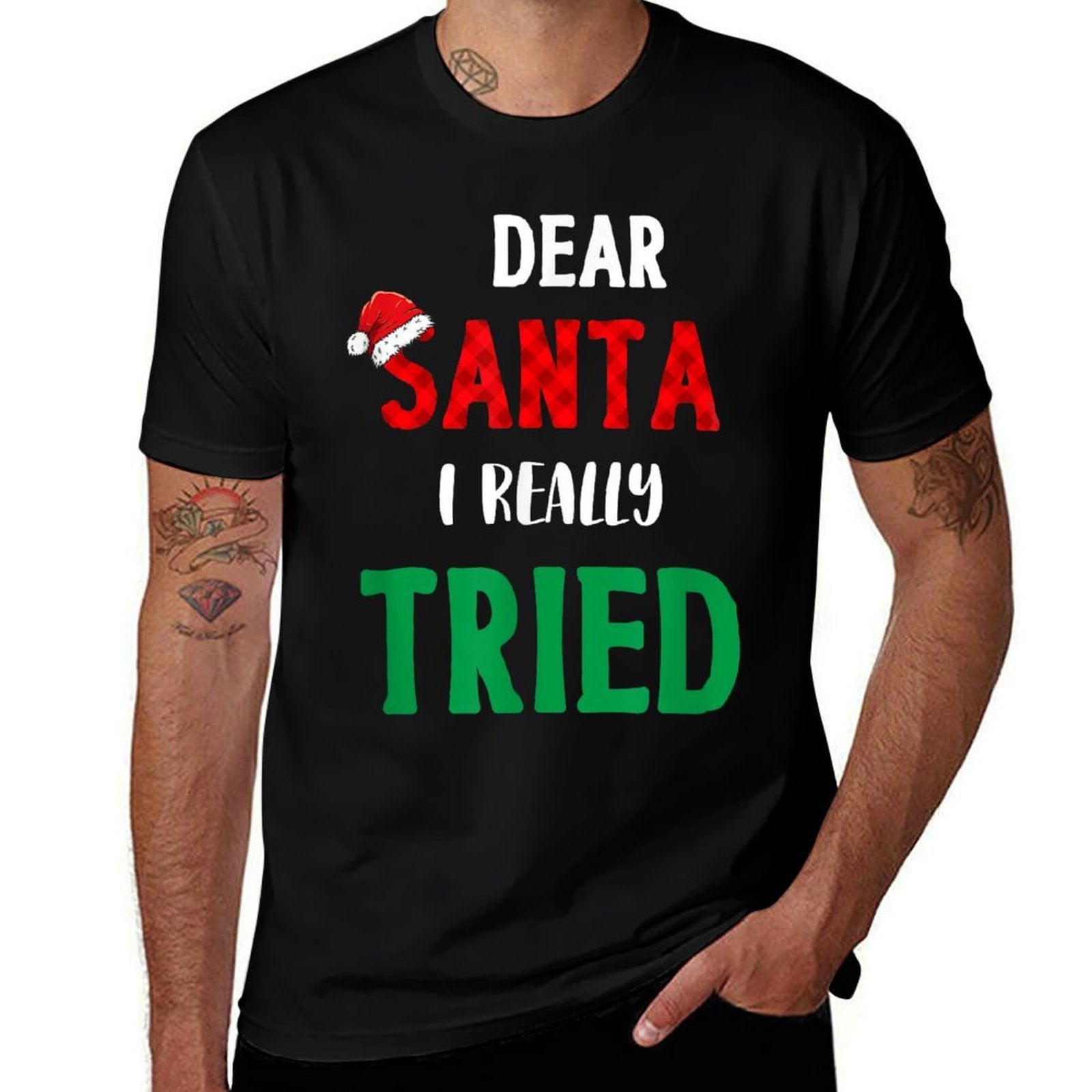 Dear Santa, I Really Tried Funny Christmas Matching Holiday  Ribbed Collar T-Shirt