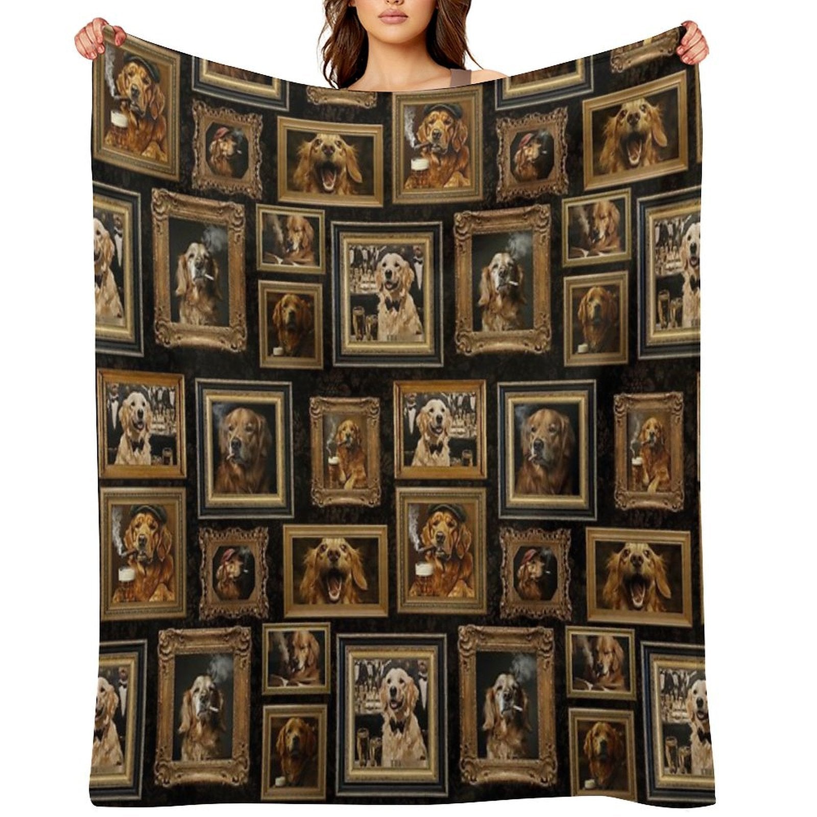 Vintage Museum Wall - Whimsical Smoking Drinking Beer Golden Retriever Famous Dog Portraits by Great Masters Black Damask Nightg Compact Throw Blanket