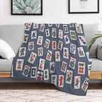 Mahjongg Game Tiles Design on Blue Color Wrinkle-free Throw Blanket