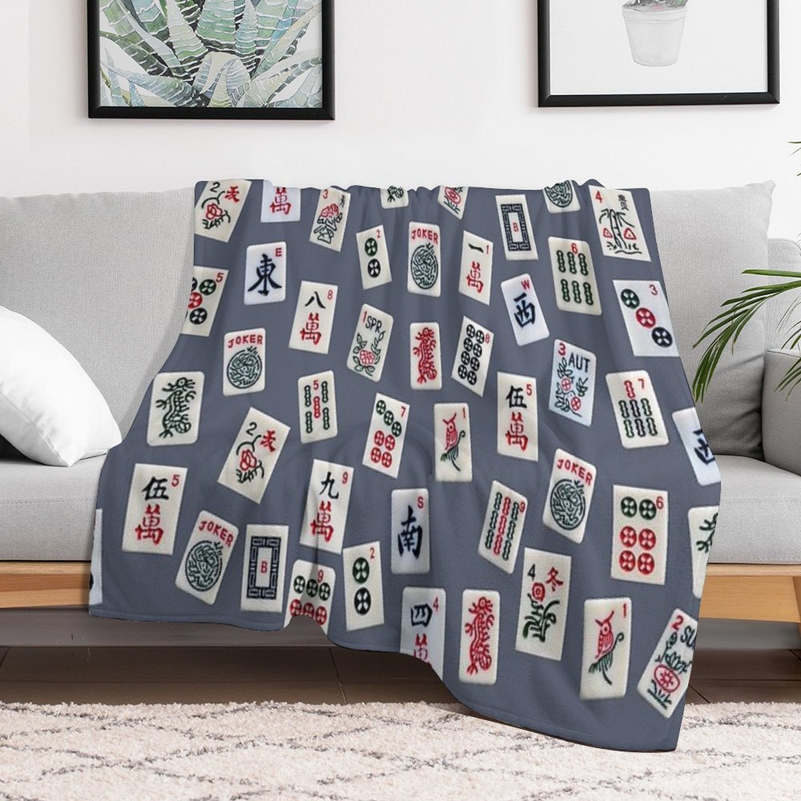 Mahjongg Game Tiles Design on Blue Color Wrinkle-free Throw Blanket