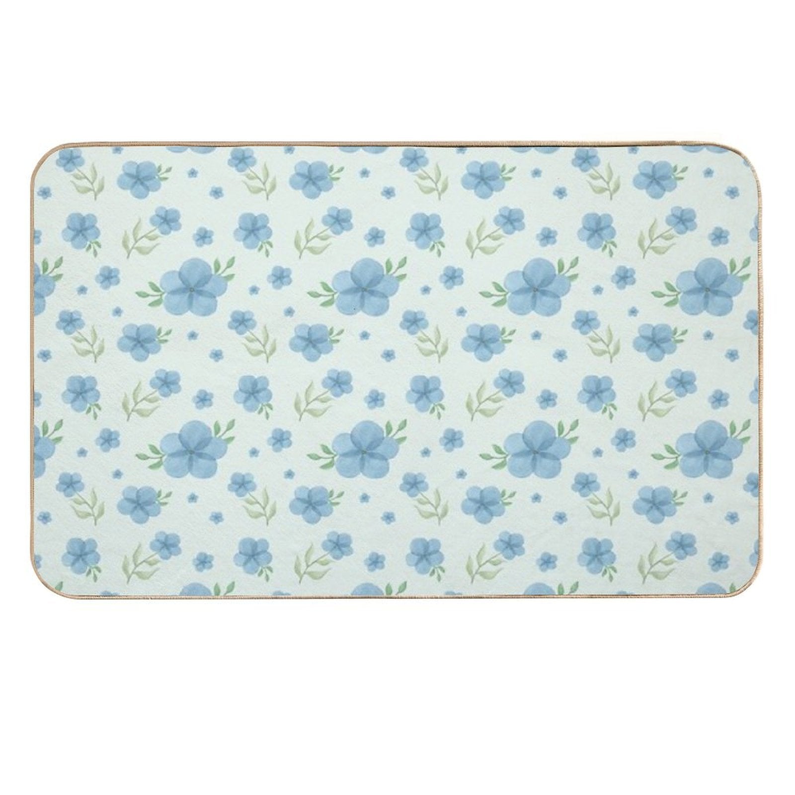 Blue Watercolor Flowers – Soft Green Background Floral Pattern  Non-Slip Bath Mat