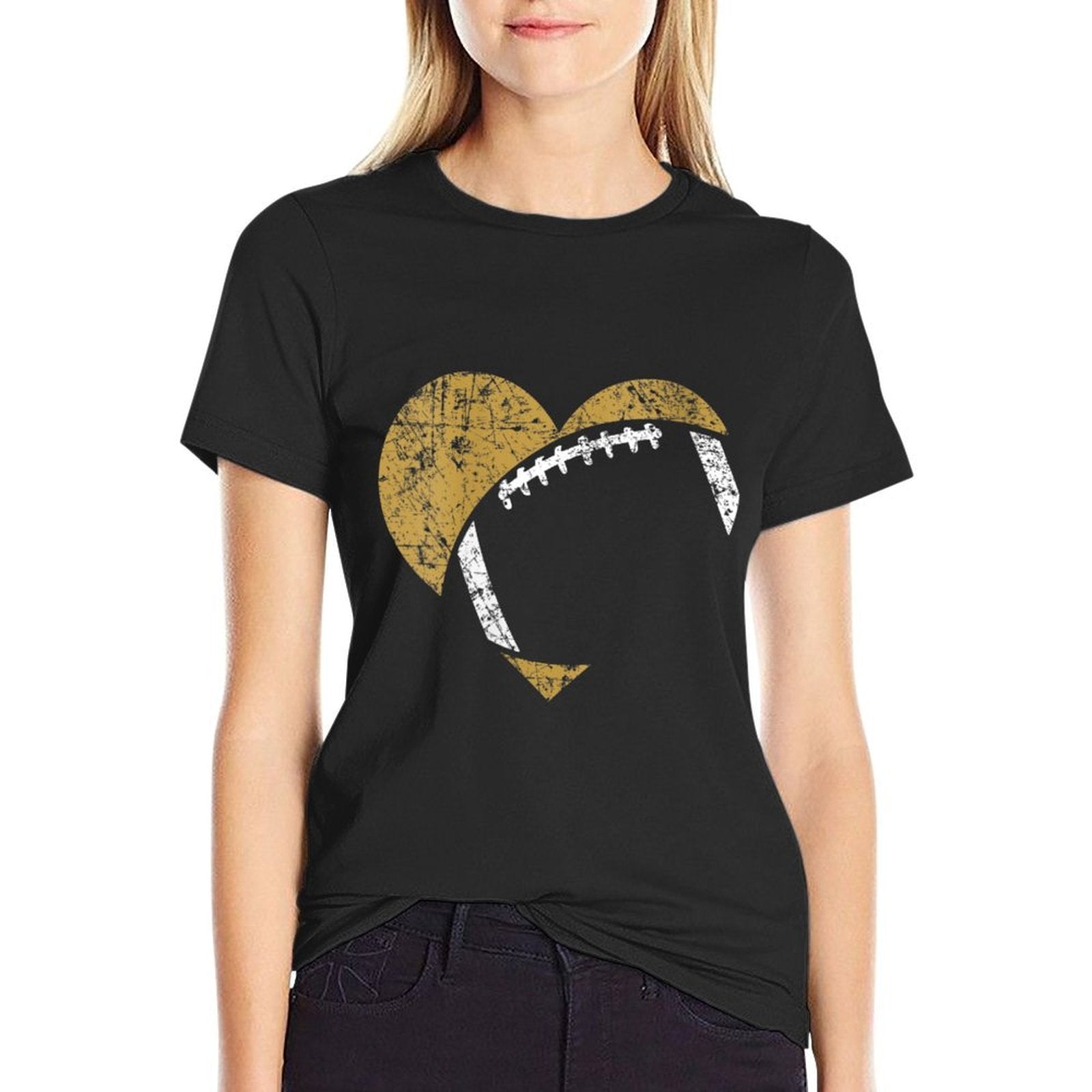 Womens Football Heart Cutout Gold White Team Game Gift  Heathered Texture T-Shirt