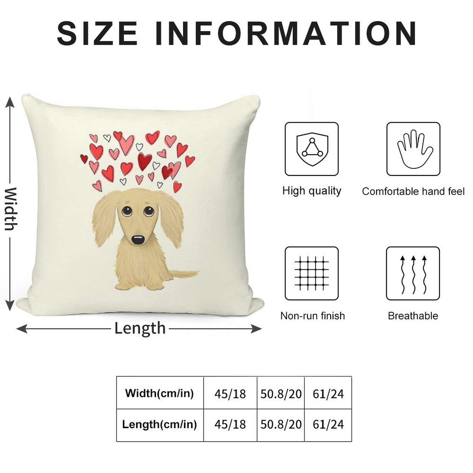 Longhaired Cream Dachshund with Hearts Soft Durable Construction Throw Pillow