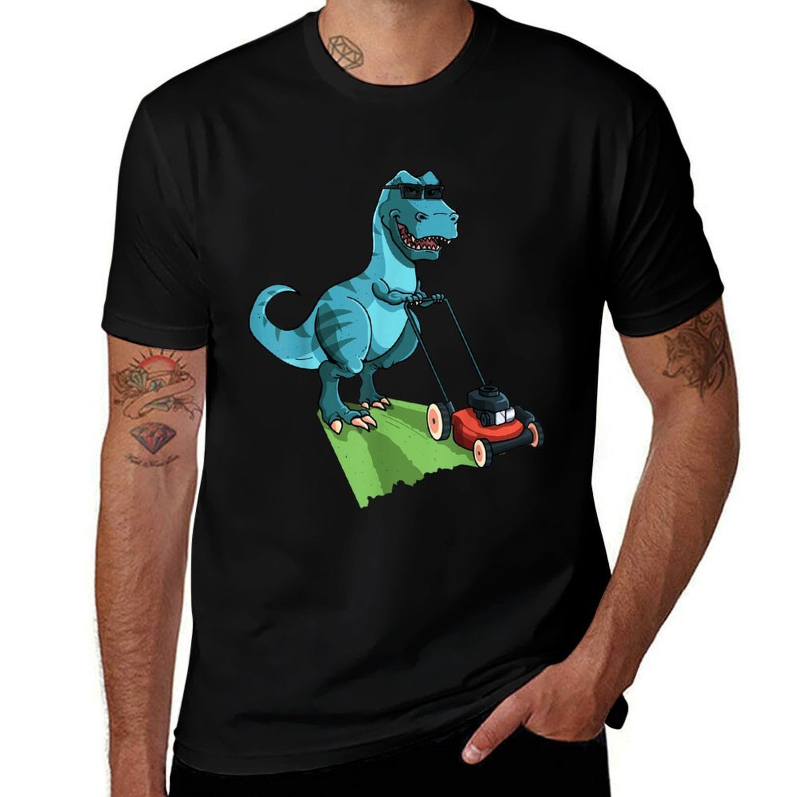 Cute Mowing Dino Dinosaur Lover Animal Gardener Funny Lawn Mower T-Rex Tractor Mowing Gift For Kids Toddler Unisex-Adults, Kids,  Summer-ready Fabric T-Shirt