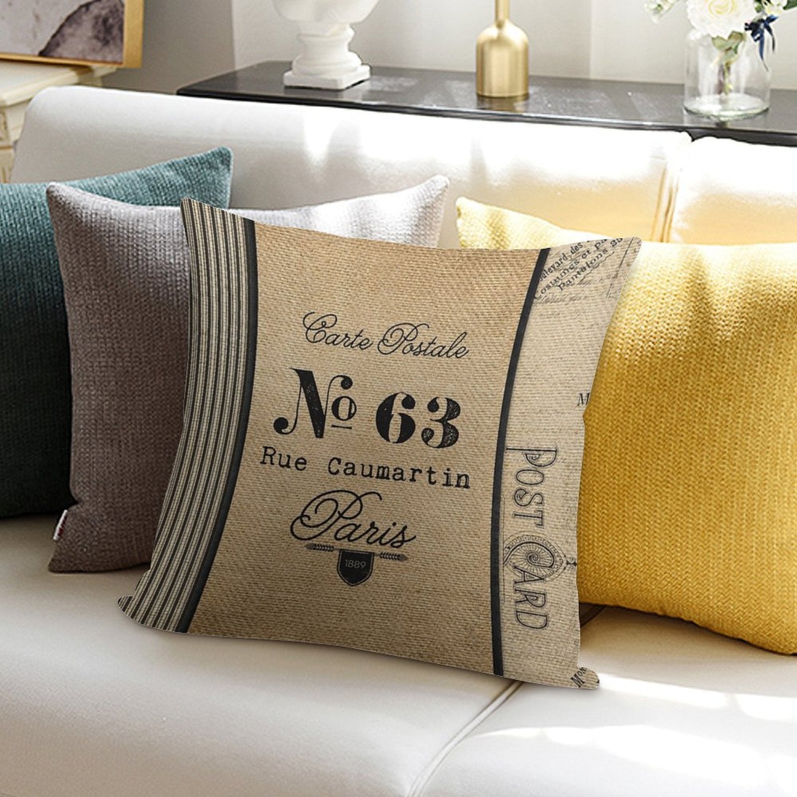 Vintage Burlap Ticker Look Paris France Soft Luxury Feel Throw Pillow