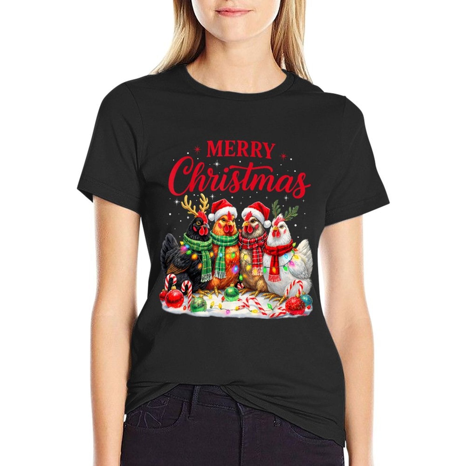 Christmas Chicken Lights Santa Xmas Farm Animal Holiday  Stretchy T-Shirt
