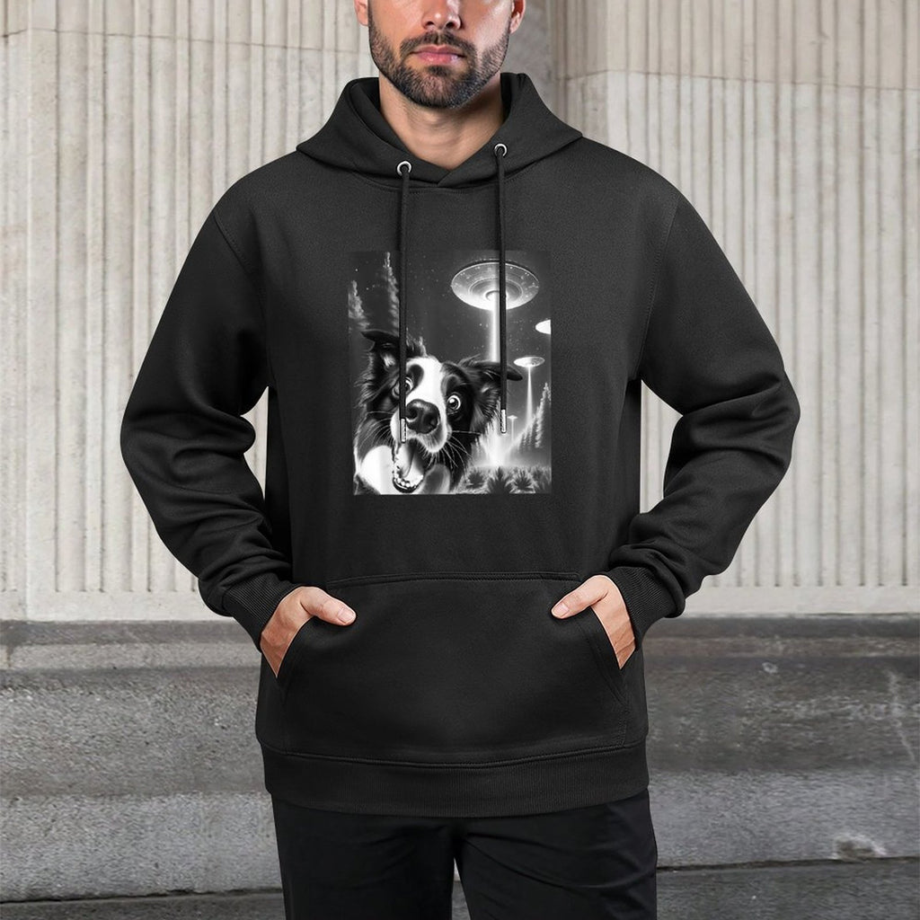 Funny Border Collie Alien UFO Taking A Selfie Dog Mom Dad Men Women Girls Kids Shape Retention Hoodie