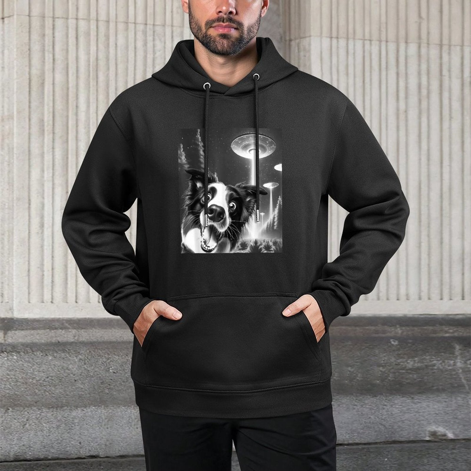 Funny Border Collie Alien UFO Taking A Selfie Dog Mom Dad Men Women Girls Kids Shape Retention Hoodie