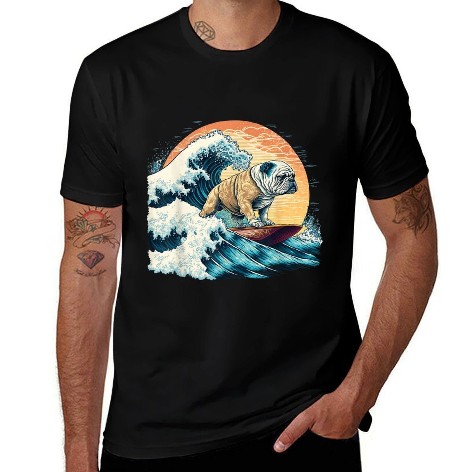 English Bulldog Surfing On The Great Wave of Kanagawa Men Women Girls Kids  Eco-friendly Material T-Shirt