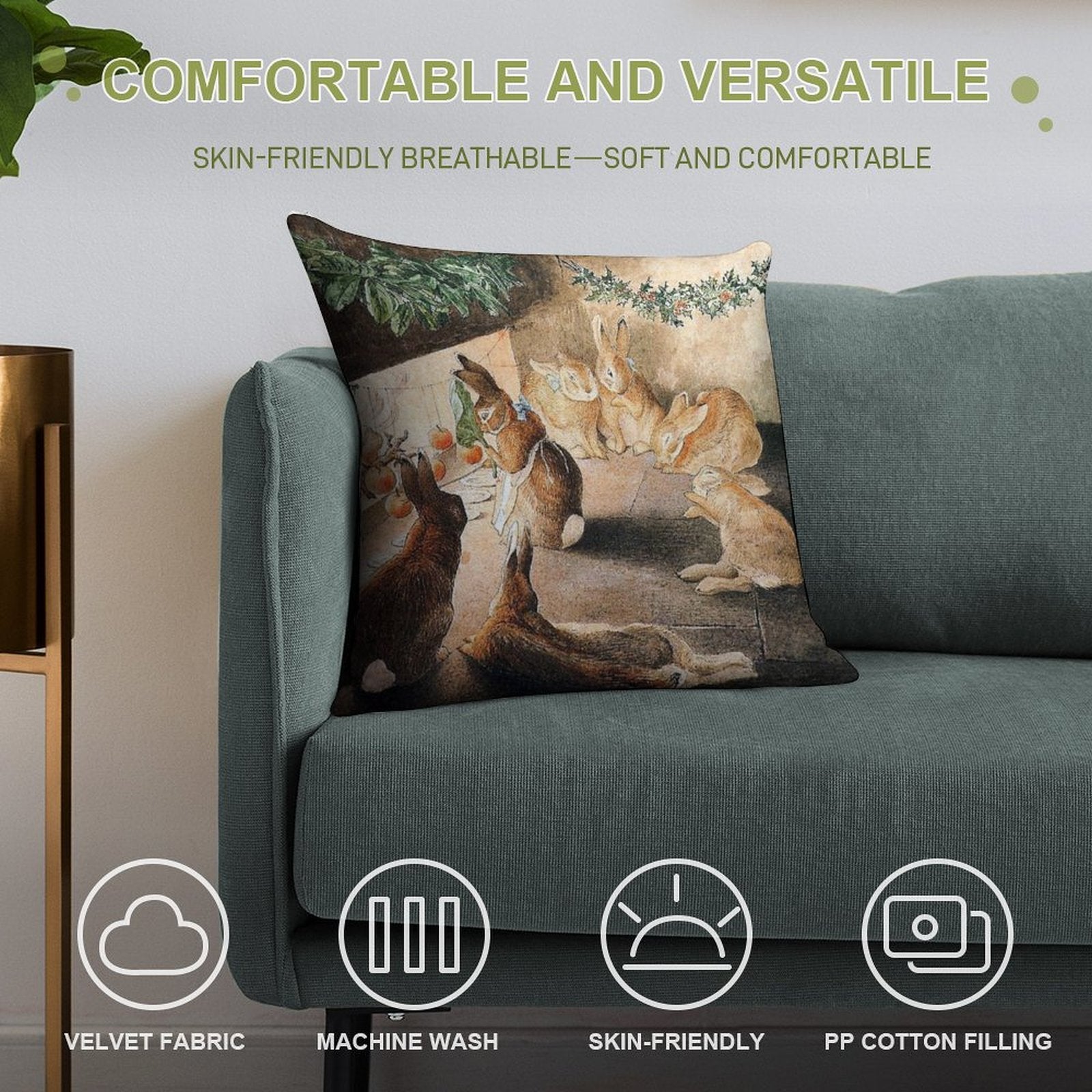 Christmas Rabbit Family Roasting Apples - Beatrix Potter Soft Shrink-Resistant Throw Pillow