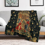 FALCONS BATH Red Blue Antique Medieval Tapestry,Court Figures,Birds, Flowers ,Rose Trellis Gift-ready Throw Blanket