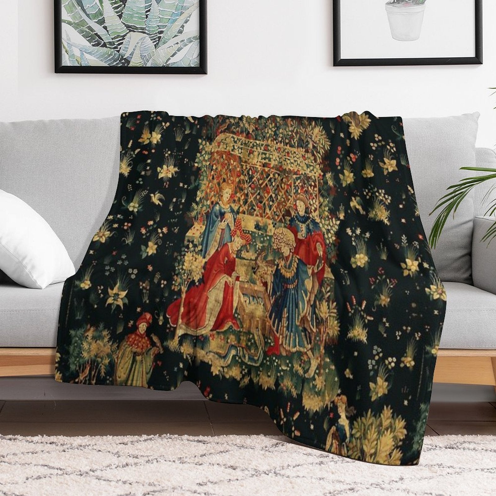 FALCONS BATH Red Blue Antique Medieval Tapestry,Court Figures,Birds, Flowers ,Rose Trellis Gift-ready Throw Blanket