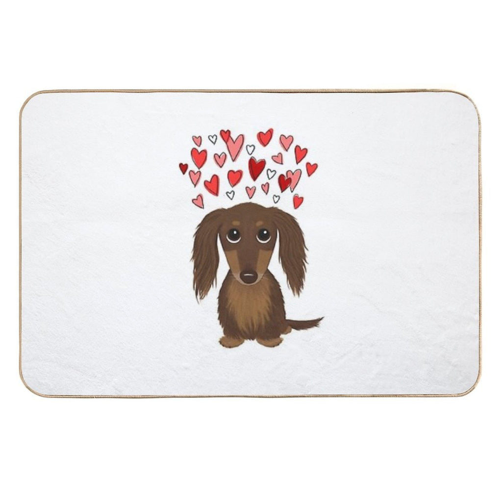 Hearts Dog Longhaired Chocolate Dachshund Cartoon Dog with Valentine Hearts  Non-Slip Bath Mat