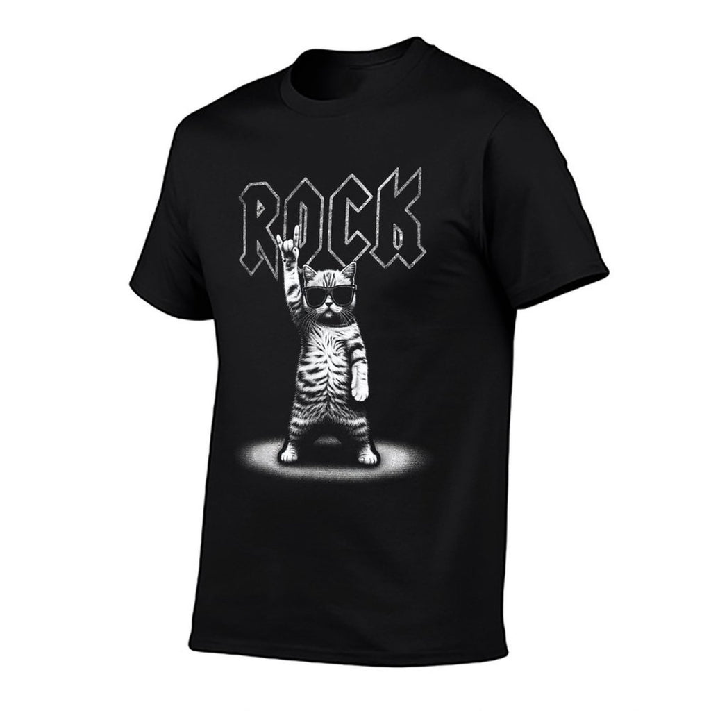 Retro Cat Rock Music Gifts Men Kids Women Funny Cat  Easy-care T-Shirt