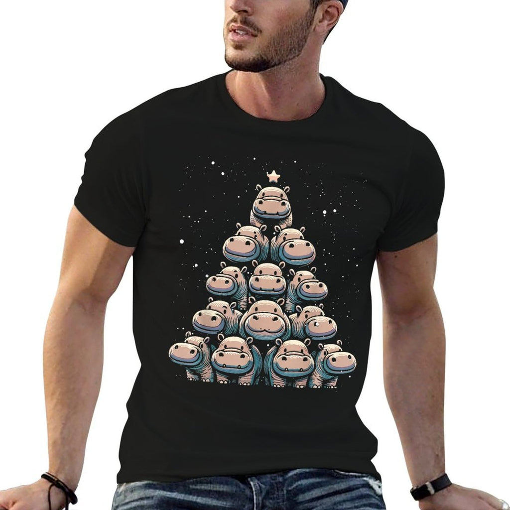 Cute Baby Hippo Christmas Tree Hippopotamus Christmas  Ribbed Collar T-Shirt