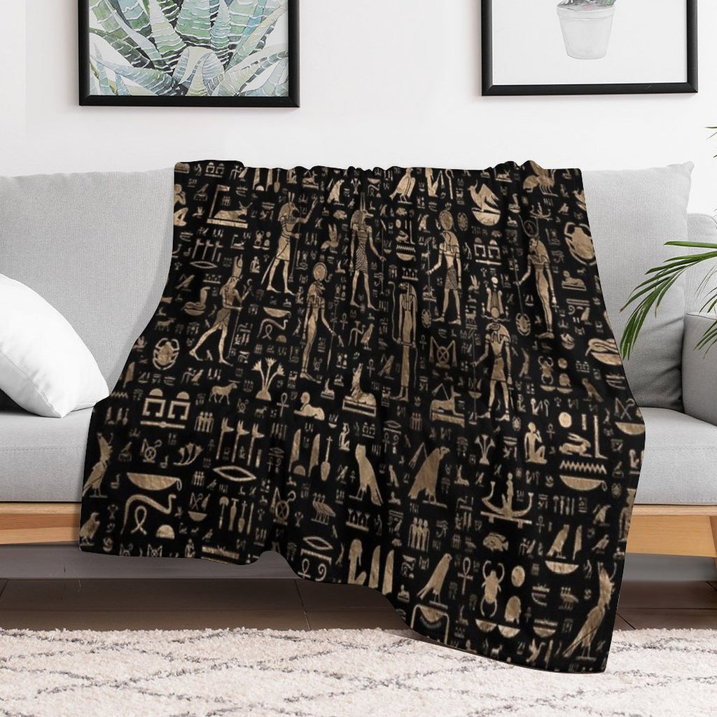 Ancient Egyptian Gods And Hieroglyphs - Black And Gold Lightweight Throw Blanket
