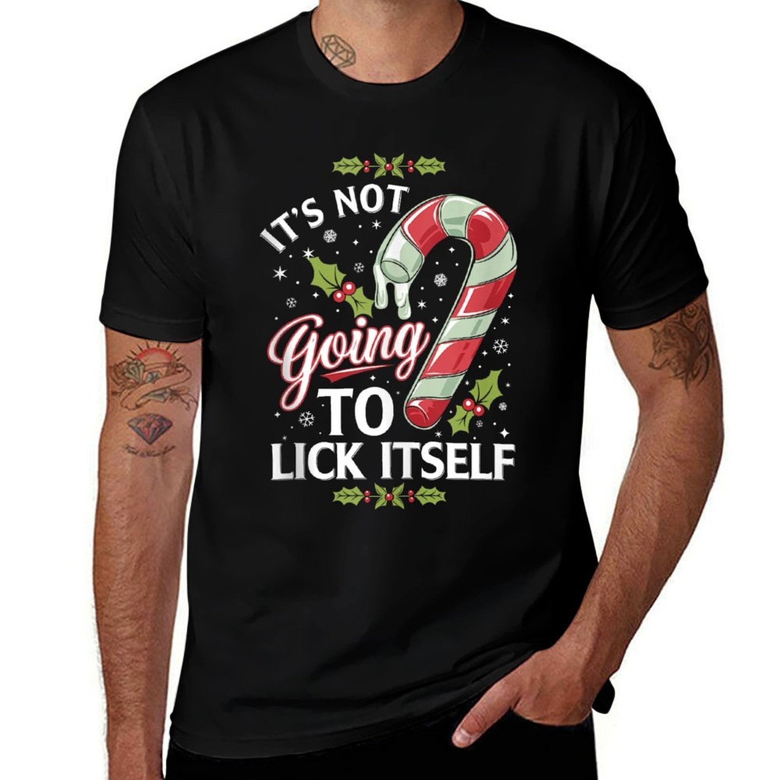 Its Not Going to Lick Itself Funny Christmas  Ribbed Collar T-Shirt