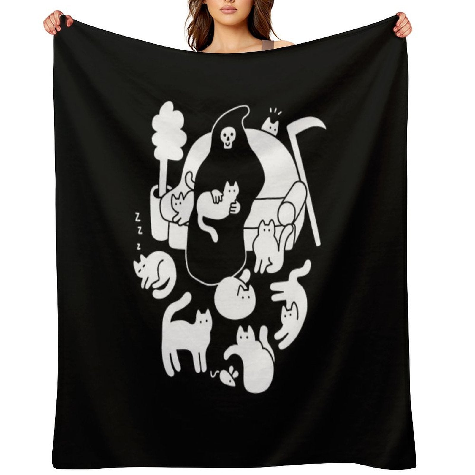 Death And His Cats Travel-friendly Throw Blanket