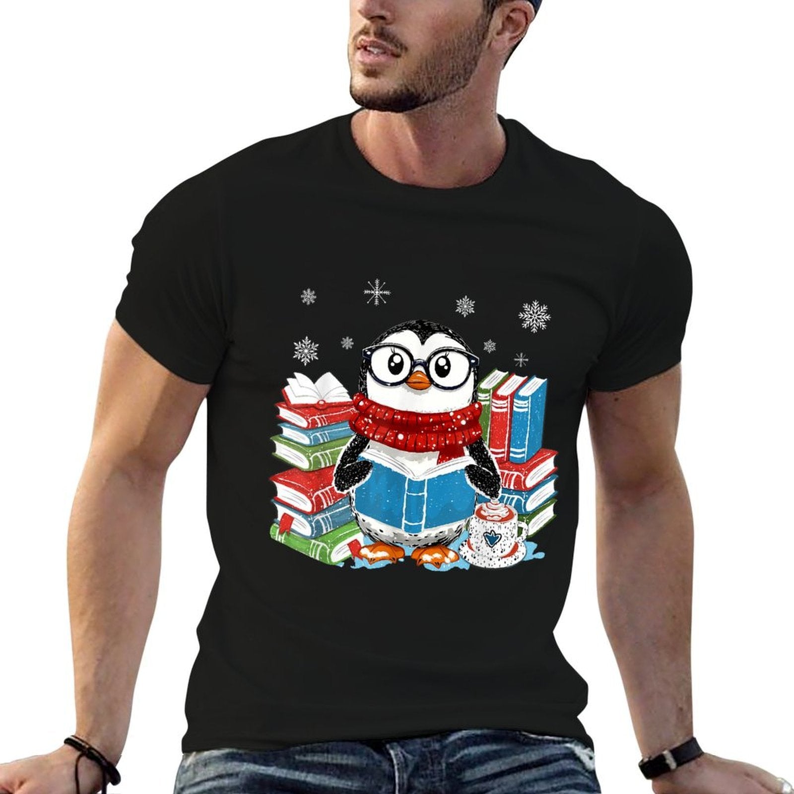 Christmas A Penguin Reading Book Snowflake Cocoa Hot Teacher  Rolled Sleeves T-Shirt