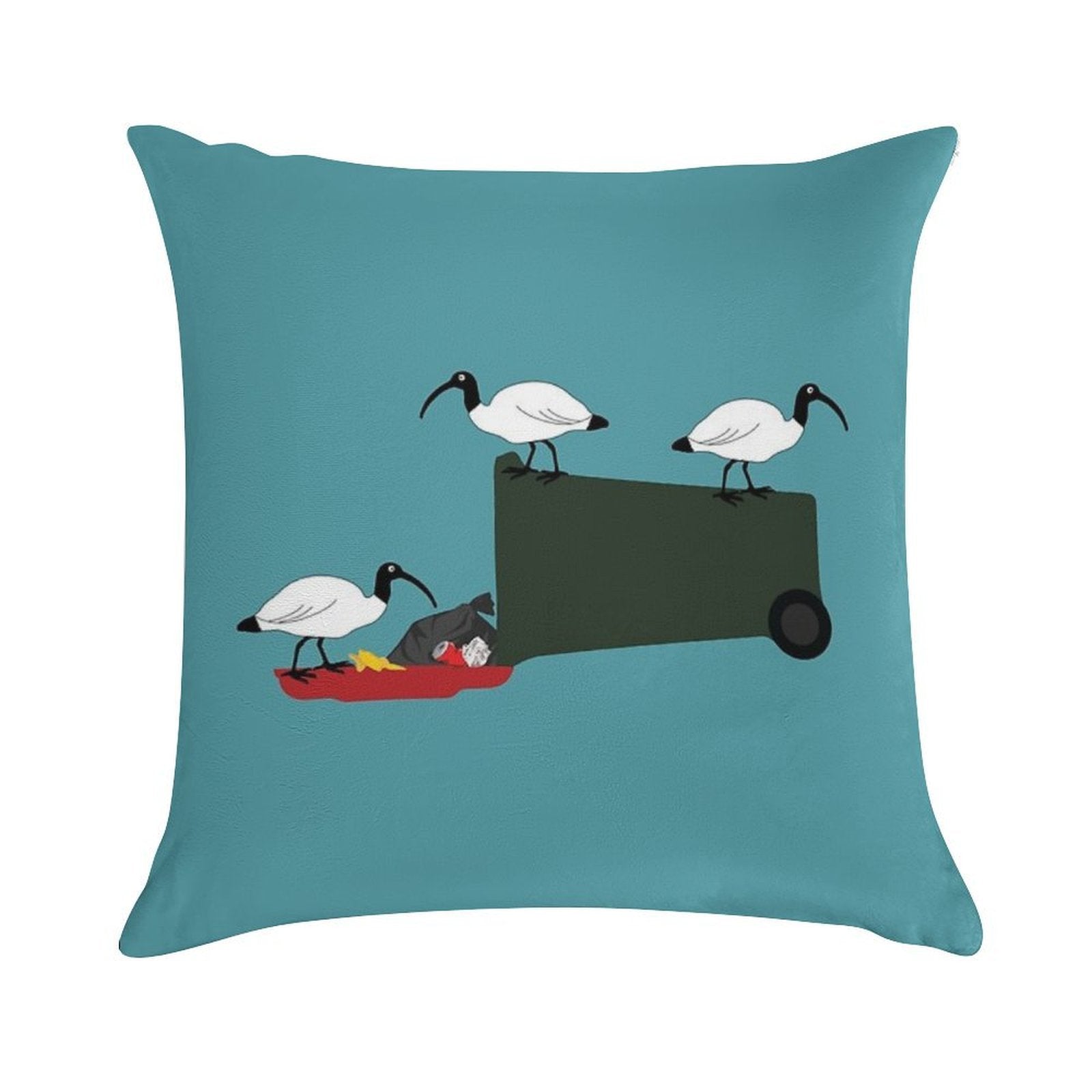 Bin Chickens Eating Lunch on Sea Blue Soft Shrink-Resistant Throw Pillow