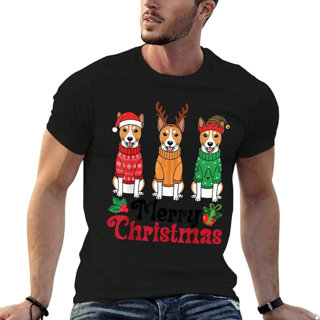 Basenji Dogs in Sweaters Santa Reindeer Elf Merry Christmas  Trendy Pattern T-Shirt