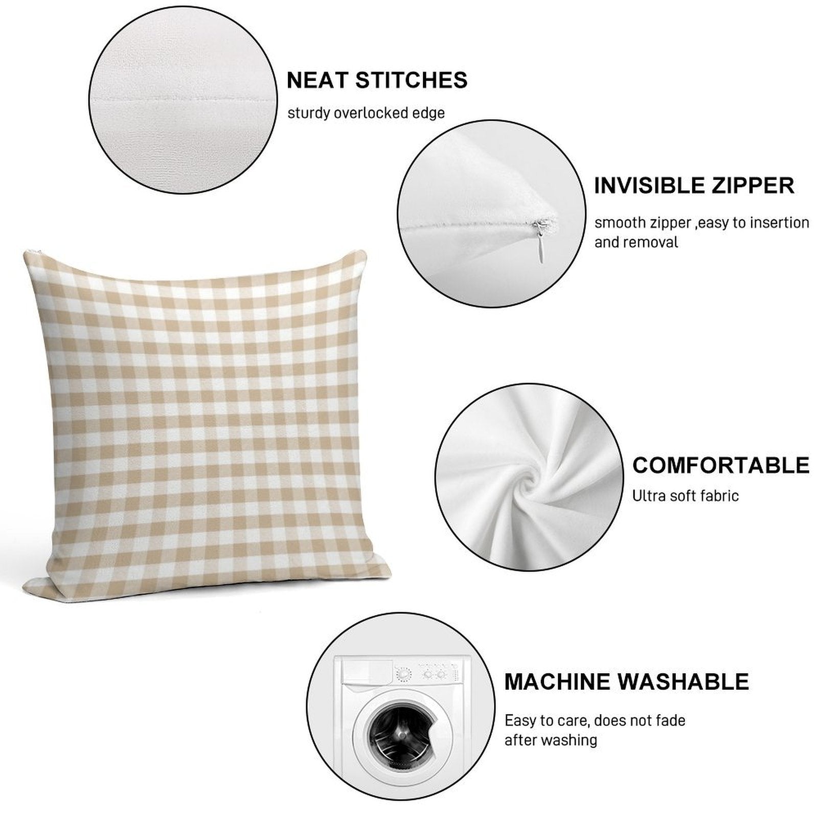 Almond Buff Tan Gingham Soft Gift Ready Throw Pillow