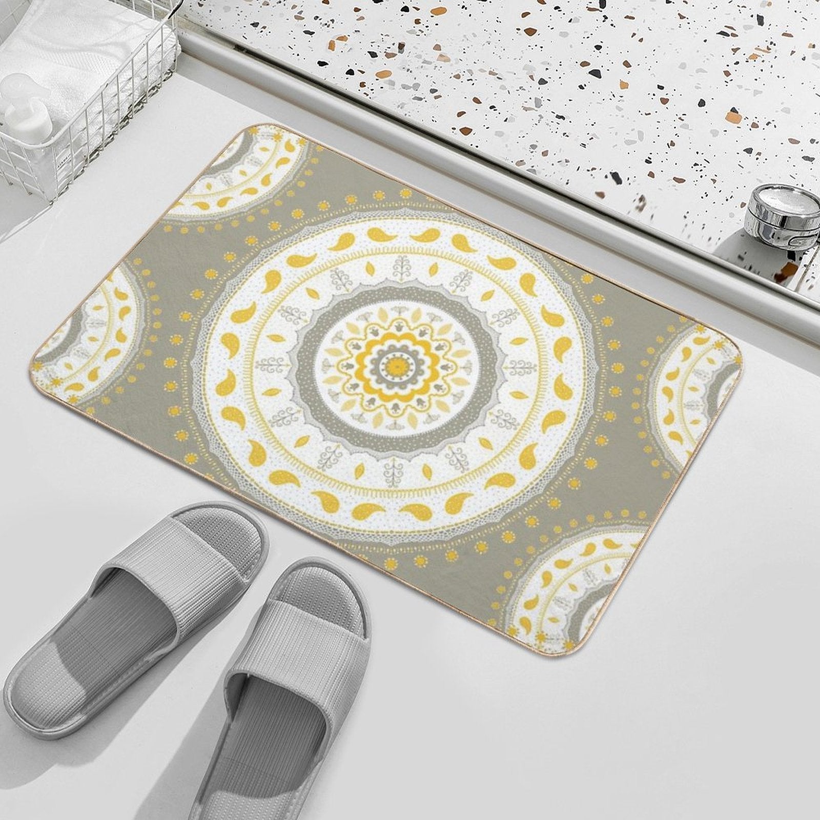 Gray Yellow White Mandalas  Rapid-Drying Bath Mat