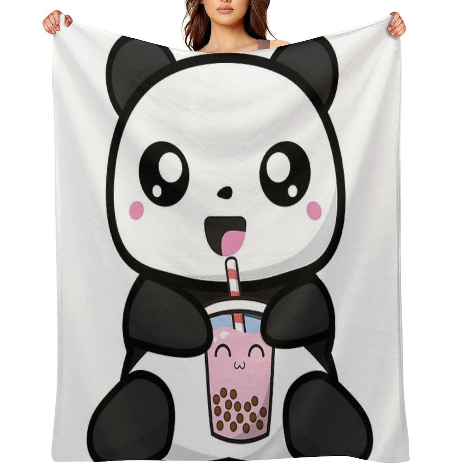 Panda Boba Kawaii Bubble Tea Plush Throw Blanket