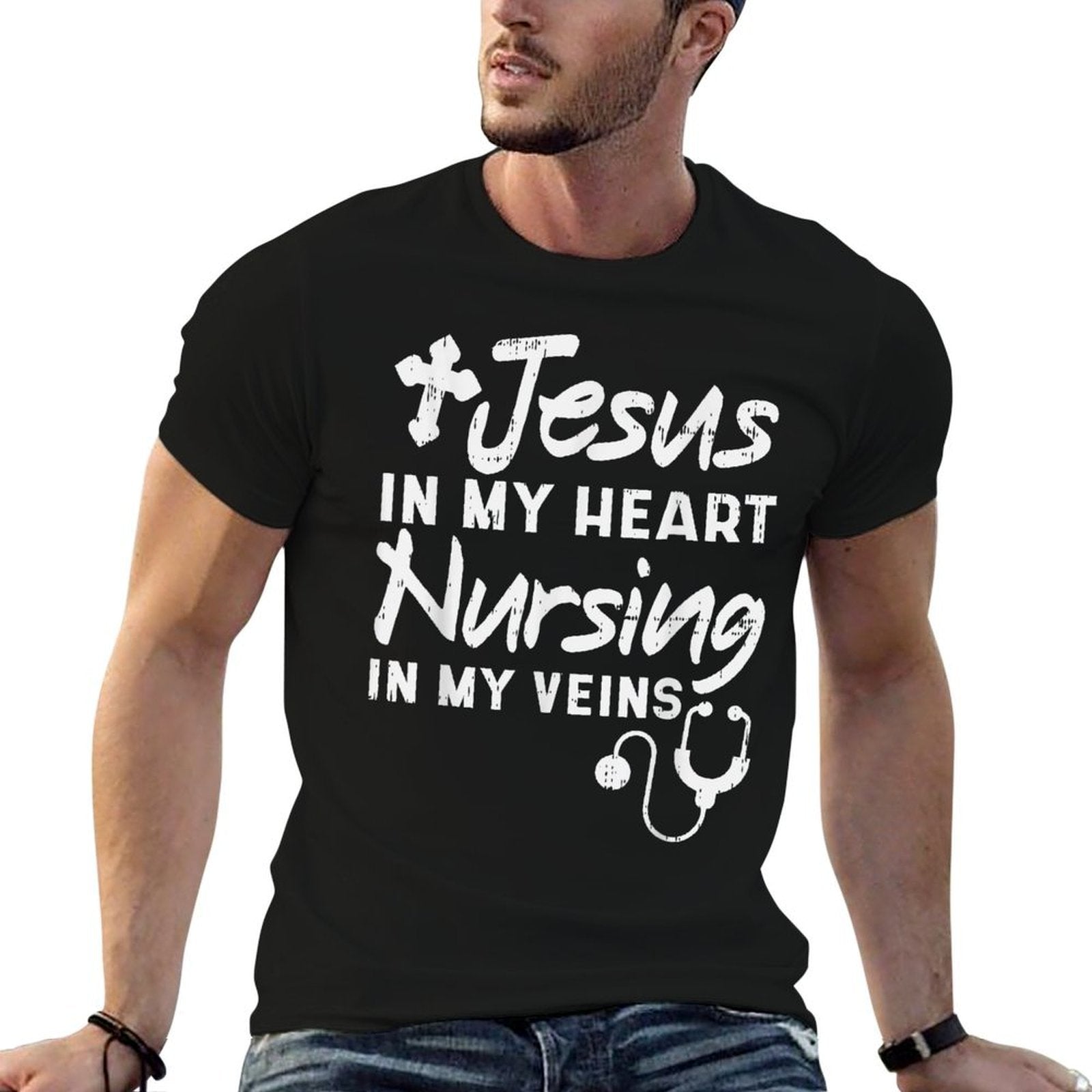 Jesus Heart Nursing Veins Nurse RN God Faith Christian Gift  Moisture-wicking T-Shirt