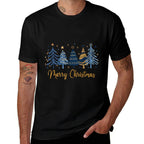 Blue Gold Merry Christmas Trees Xmas Holiday Family Pajama  Oversized Silhouette T-Shirt