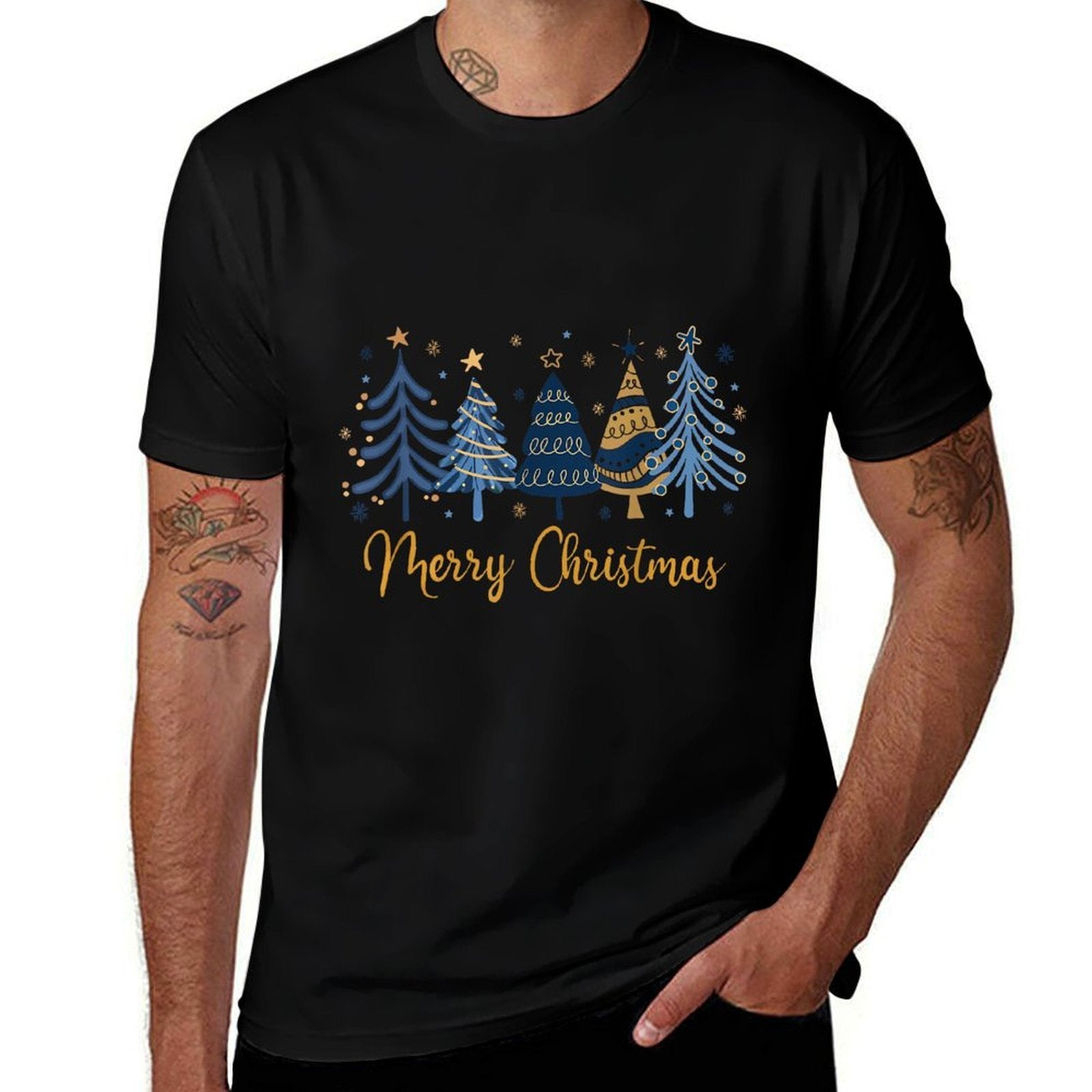 Blue Gold Merry Christmas Trees Xmas Holiday Family Pajama  Oversized Silhouette T-Shirt