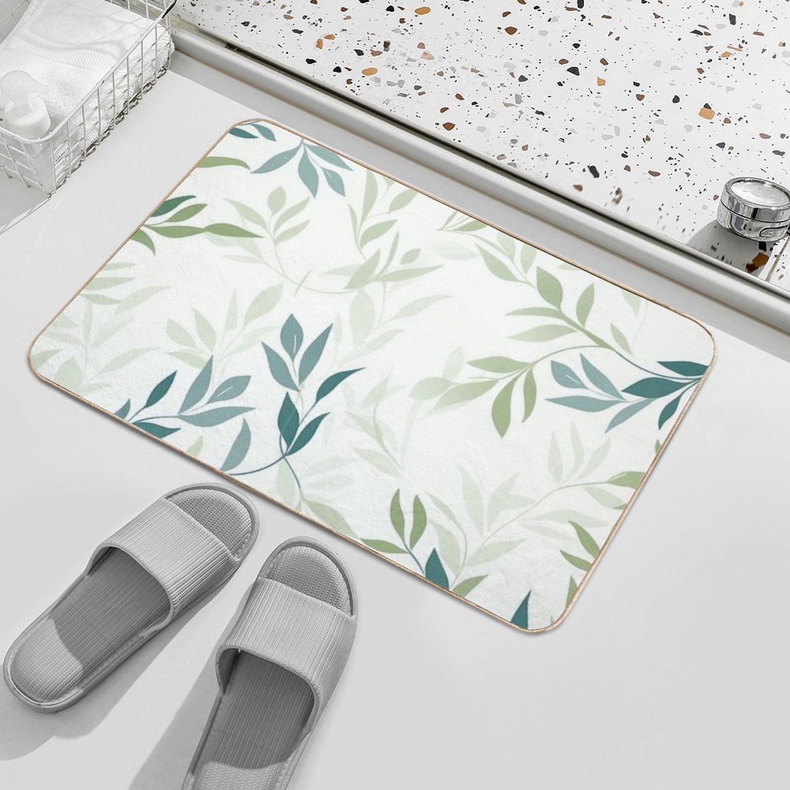 Soft Green Botanical Leaves – Minimalist Nature Pattern  Easy Maintenance Bath Mat