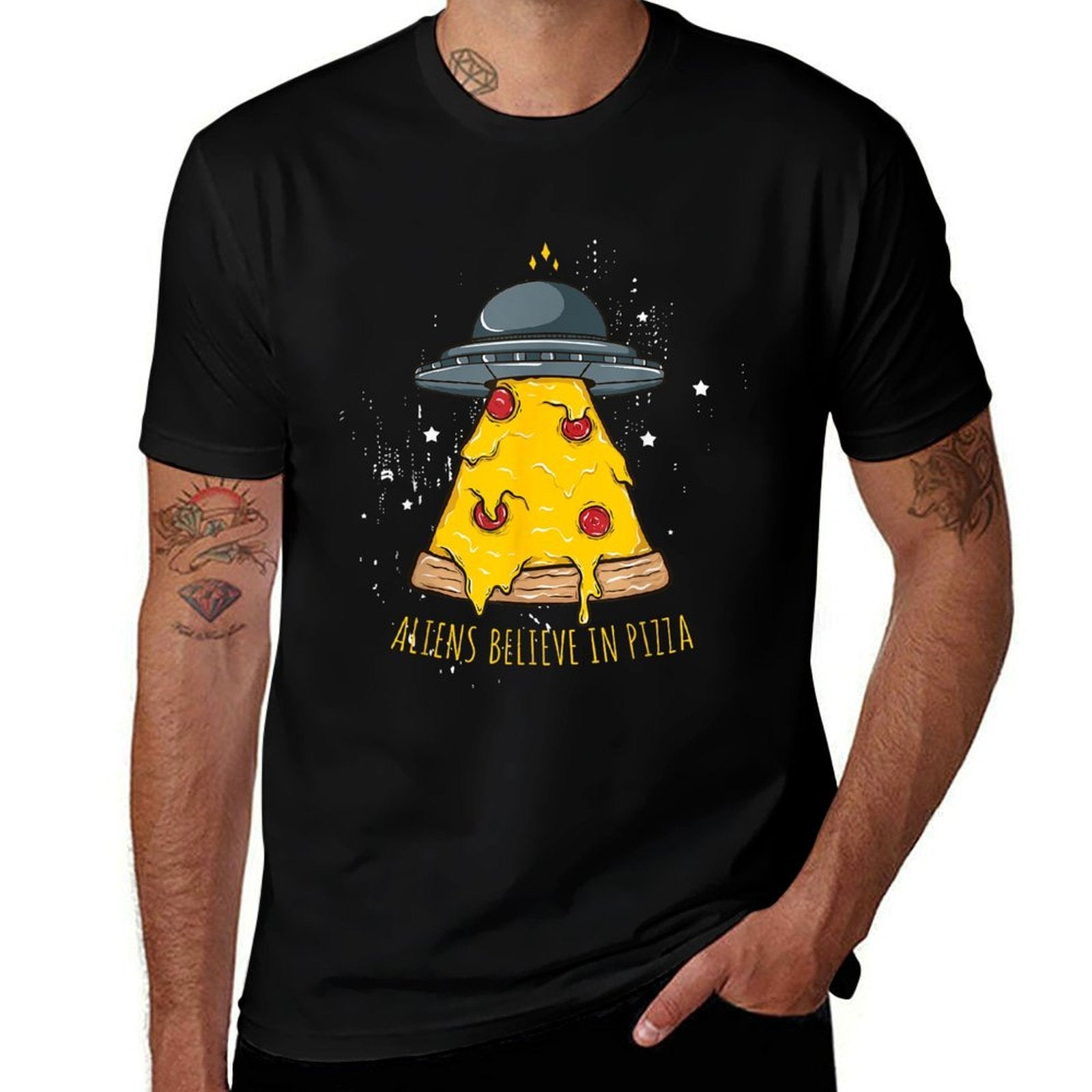 Aliens Believe In Pizza Funny Alien Ship Pizza  Polyester Blend T-Shirt