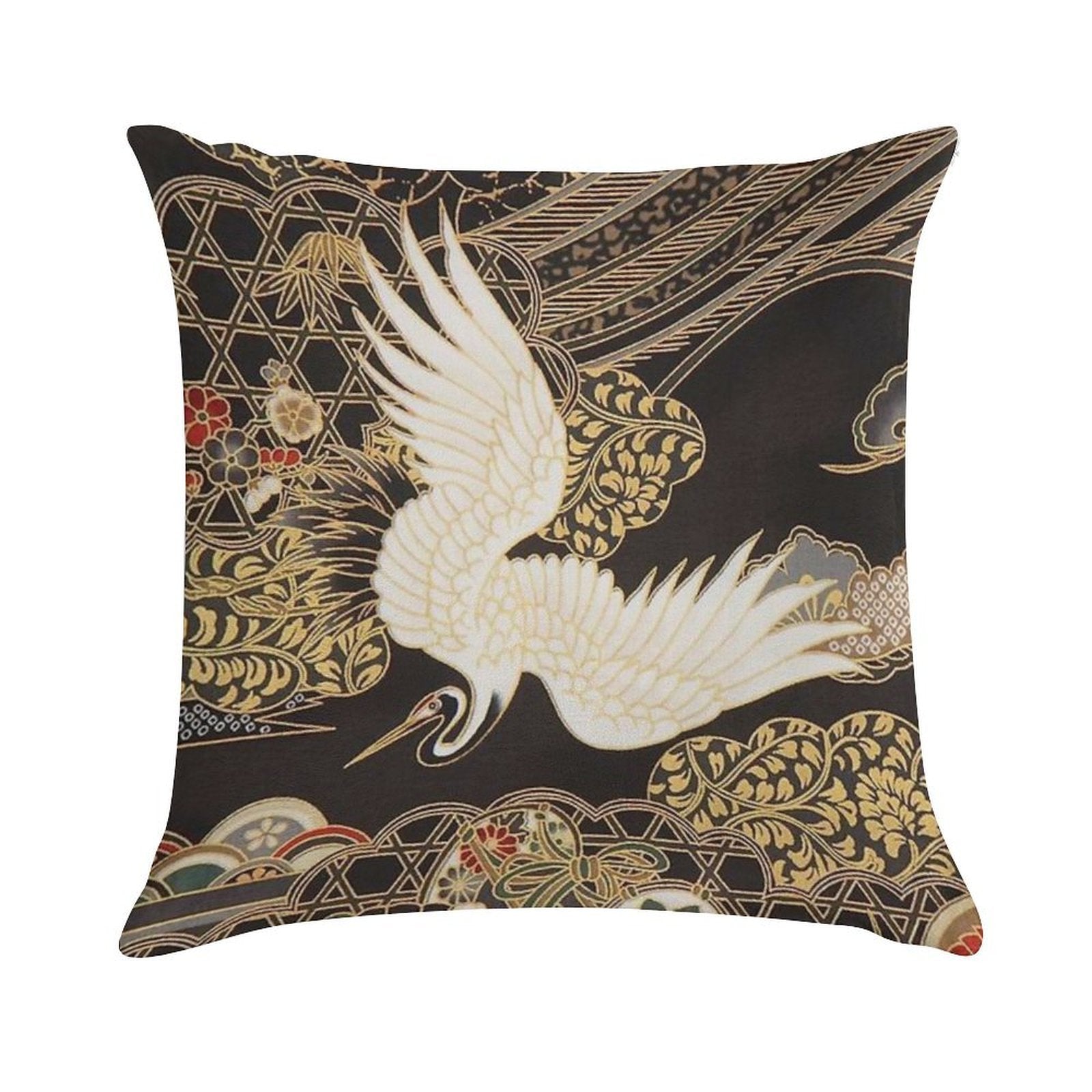 VintageJapanese Cranes Gold And Black Soft Home Decor Throw Pillow