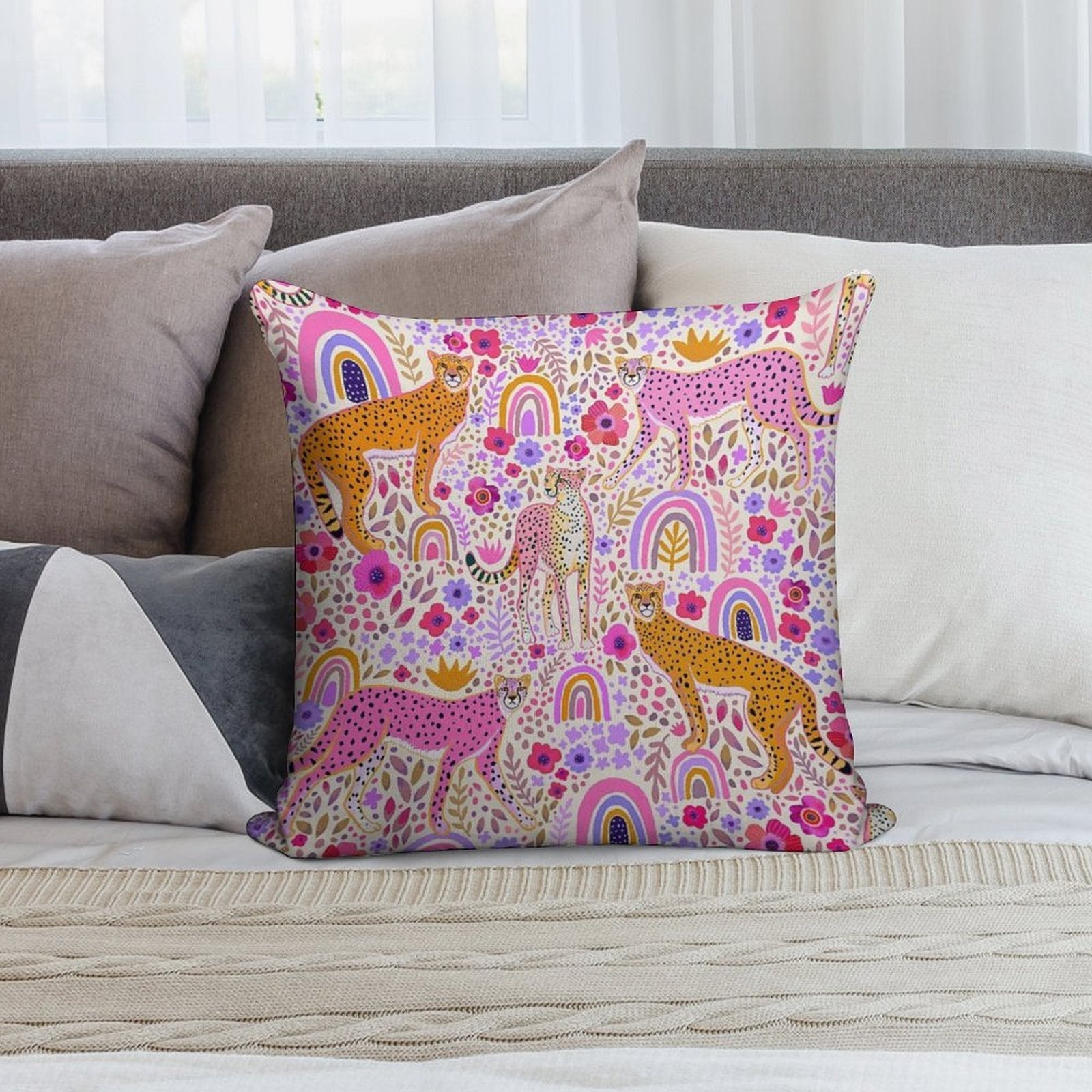 Cheetah’s in A Rainbow Garden Soft Warmth Comfort Throw Pillow