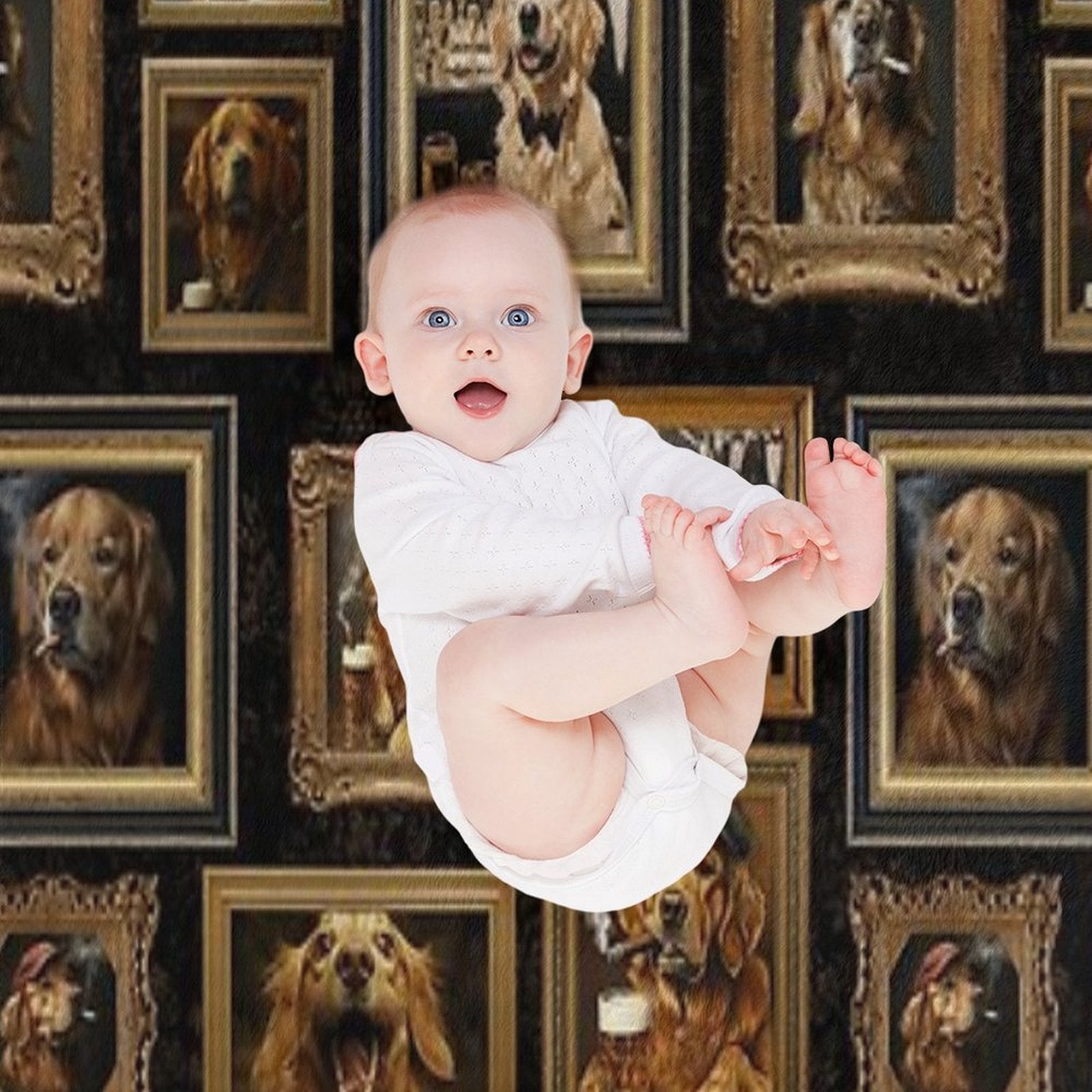 Vintage Museum Wall - Whimsical Smoking Drinking Beer Golden Retriever Famous Dog Portraits by Great Masters Black Damask Nightg Compact Throw Blanket