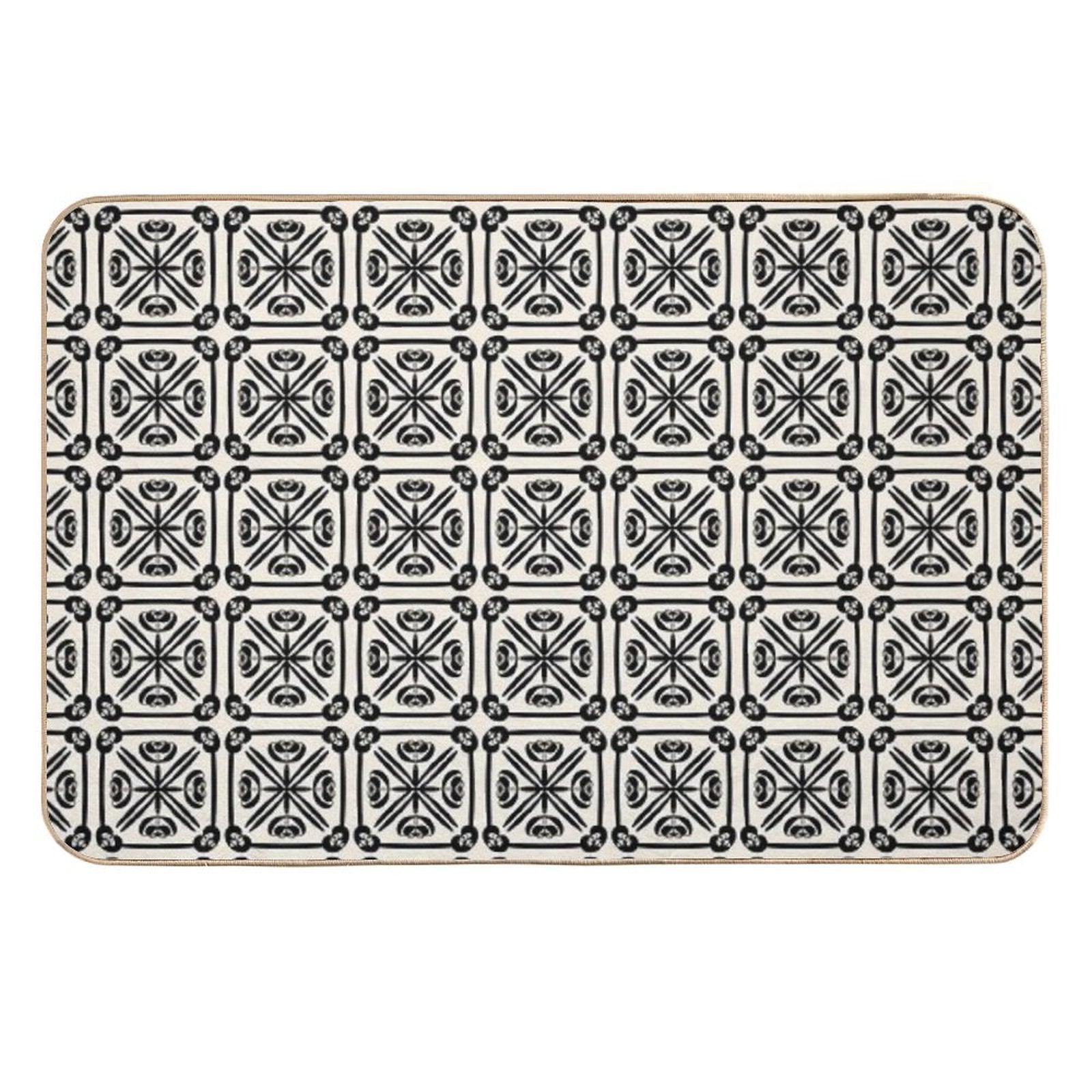 Nouveau Spanish Tile Pattern in Black And Almond Cream  Non-Slip Bath Mat