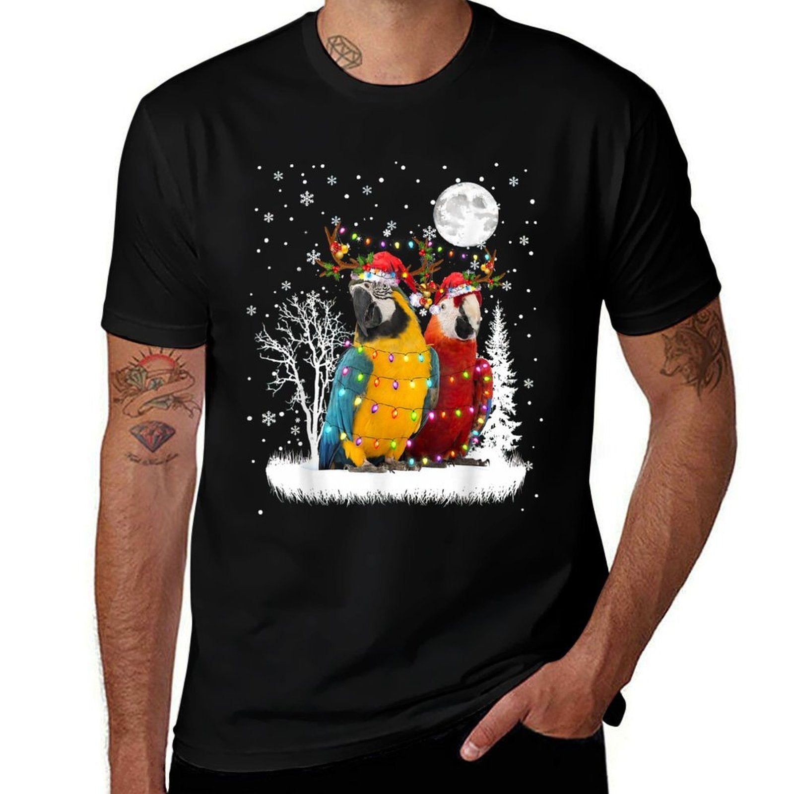 Parrot Under Moonlight Snow Christmas Pajama  Breathable T-Shirt