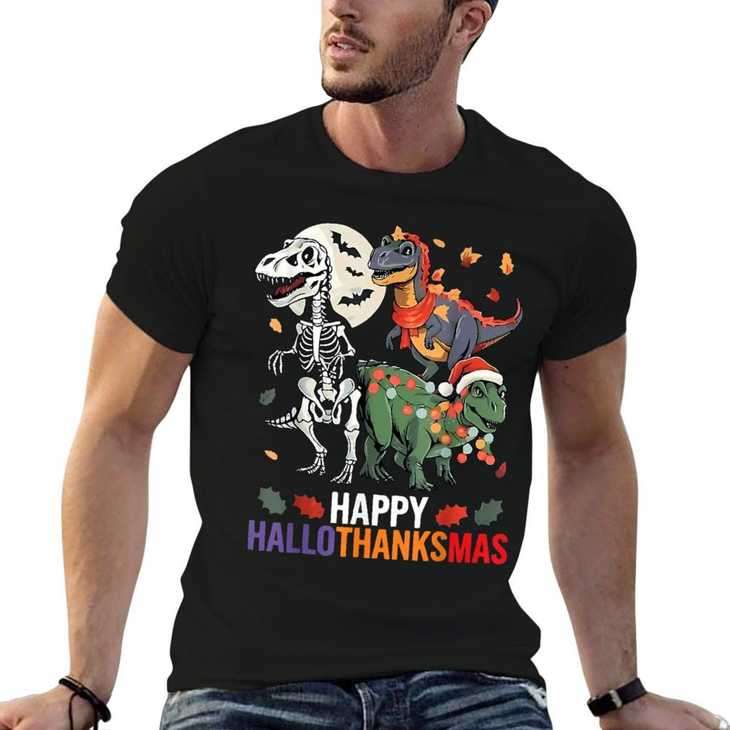 Hallothanksmas Halloween Thanksgiving Christmas Dinosaur  Polyester Blend T-Shirt