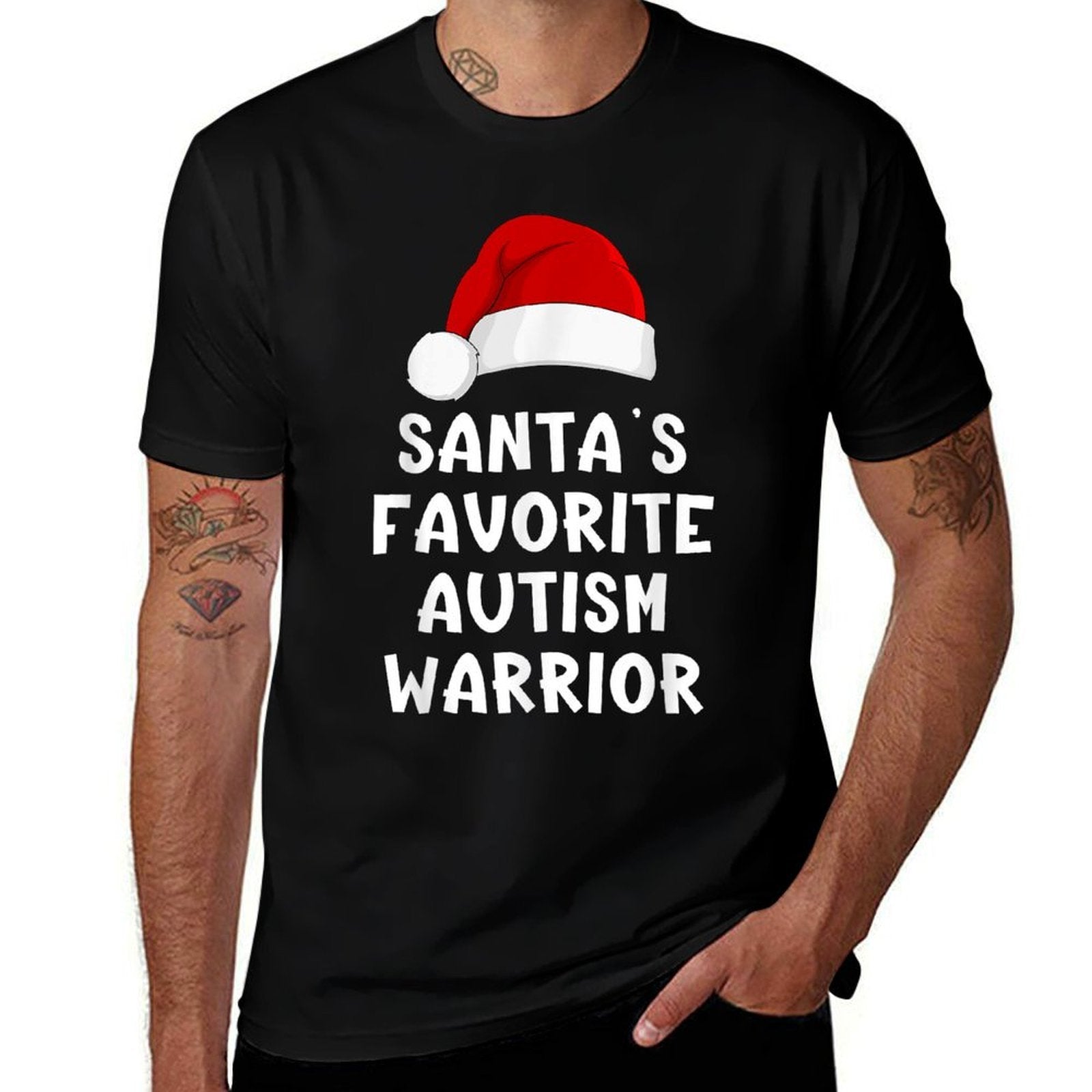 Christmas Santas Favorite Autism Warrior Funny Xmas Pajama  Ribbed Collar T-Shirt