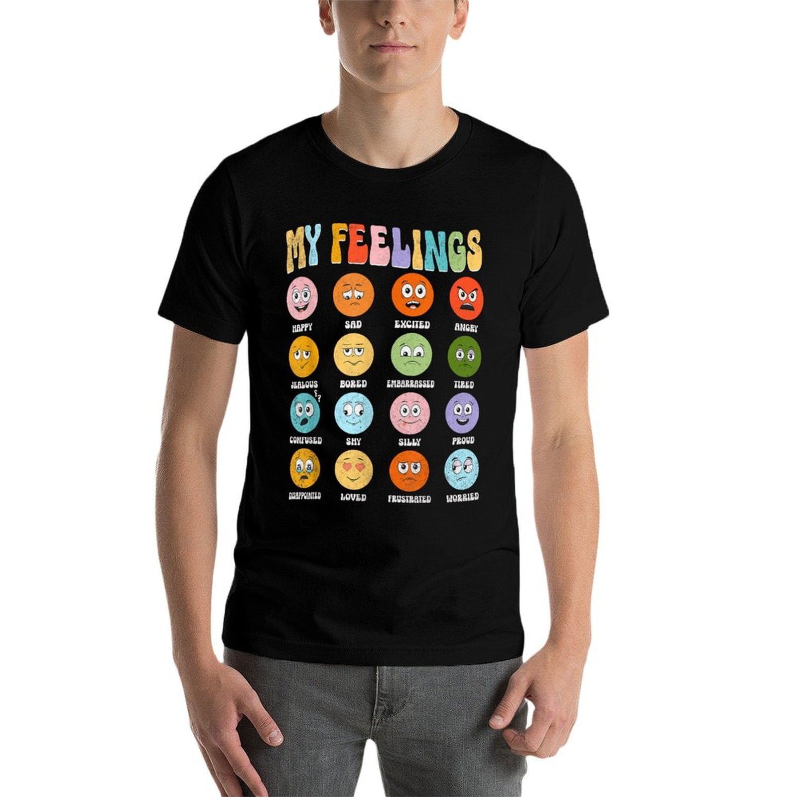 Groovy Retro My Feelings Chart Funny Hippie Face Emotions, Small  Soft T-Shirt