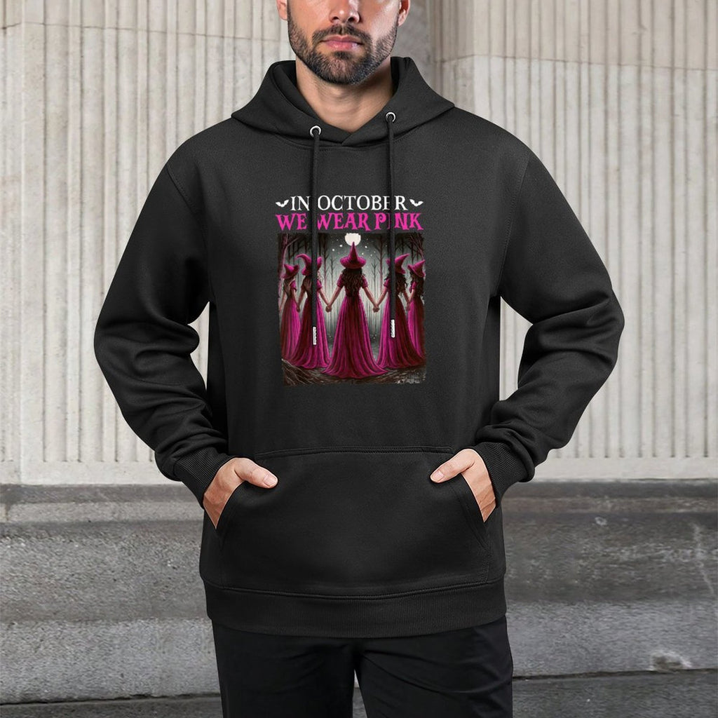 in October We Wear Pink Witch Halloween Breast Cancer Women Versatile Streetwear Hoodie