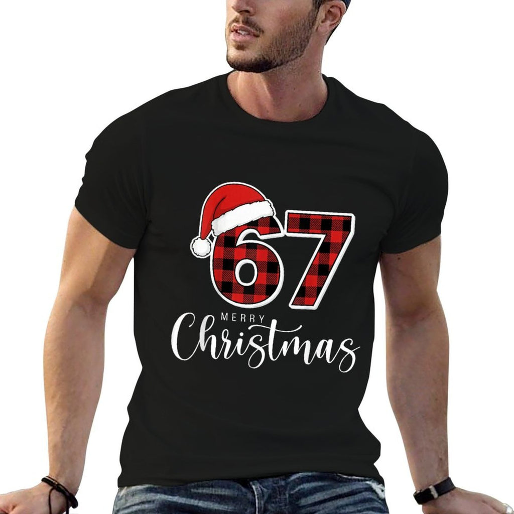 67 Meme Merry Christmas 67 Buffalo Plaid Xmas Retro Vintage  Rolled Sleeves T-Shirt