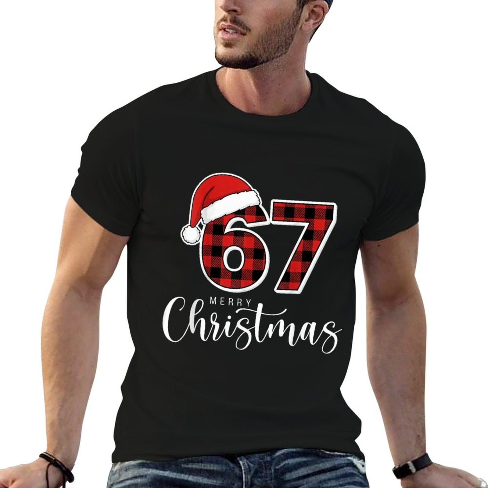 67 Meme Merry Christmas 67 Buffalo Plaid Xmas Retro Vintage  Rolled Sleeves T-Shirt