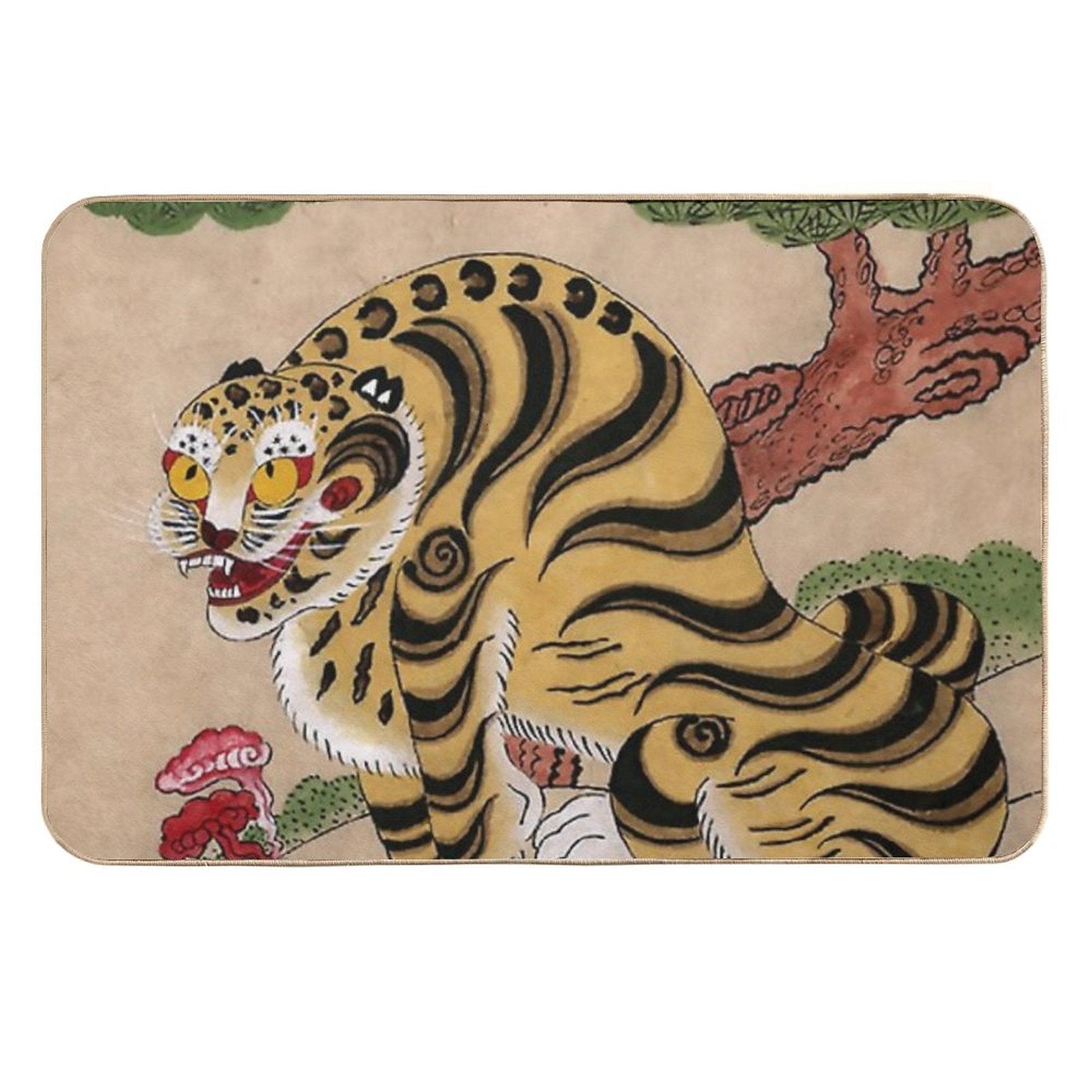 Striped Korean Minhwa Tiger with Magpies  Fade-Resistant Bath Mat