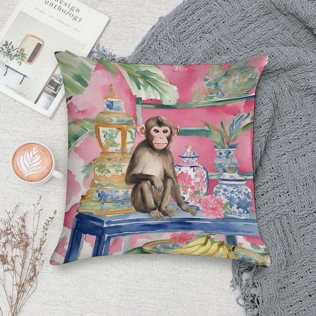 Monkey in Chinoiserie Interior with Bananas Soft Bedroom Essential Throw Pillow