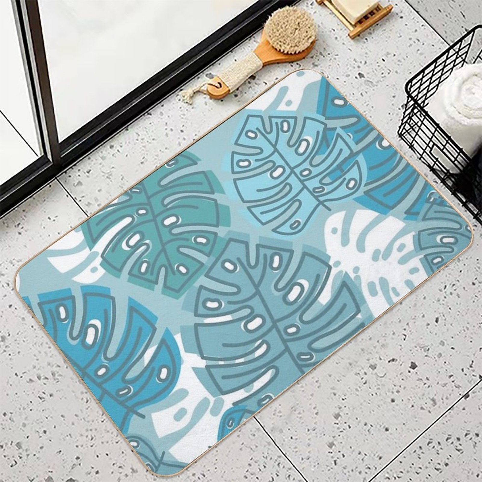 Blue Monstera Foliage  Pet-Safe Bath Mat