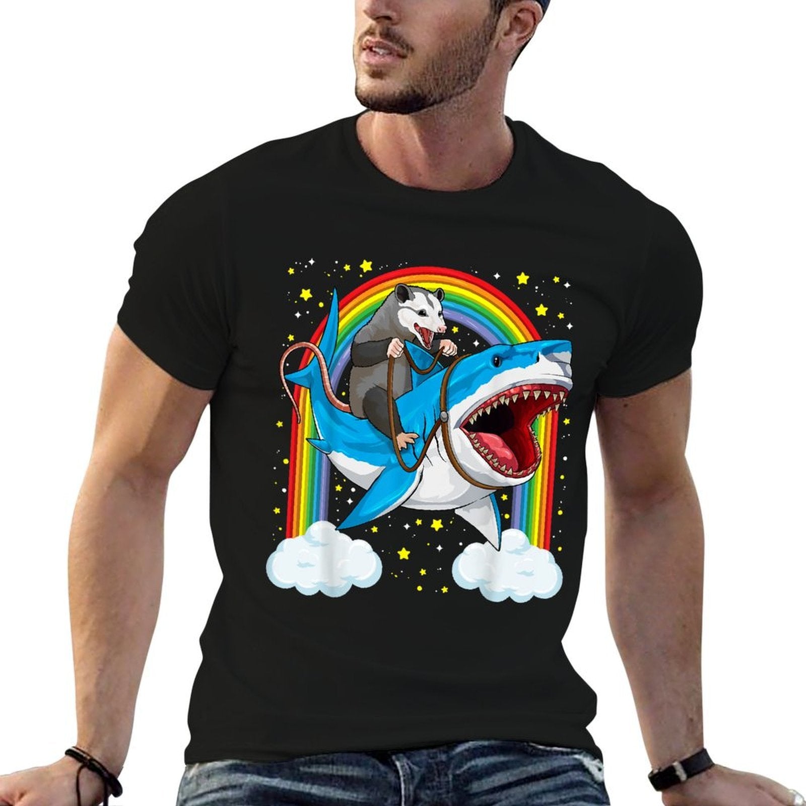 Funny Opossum Riding Shark Possum Trash Marsupial Mashup  Relaxed-fit T-Shirt